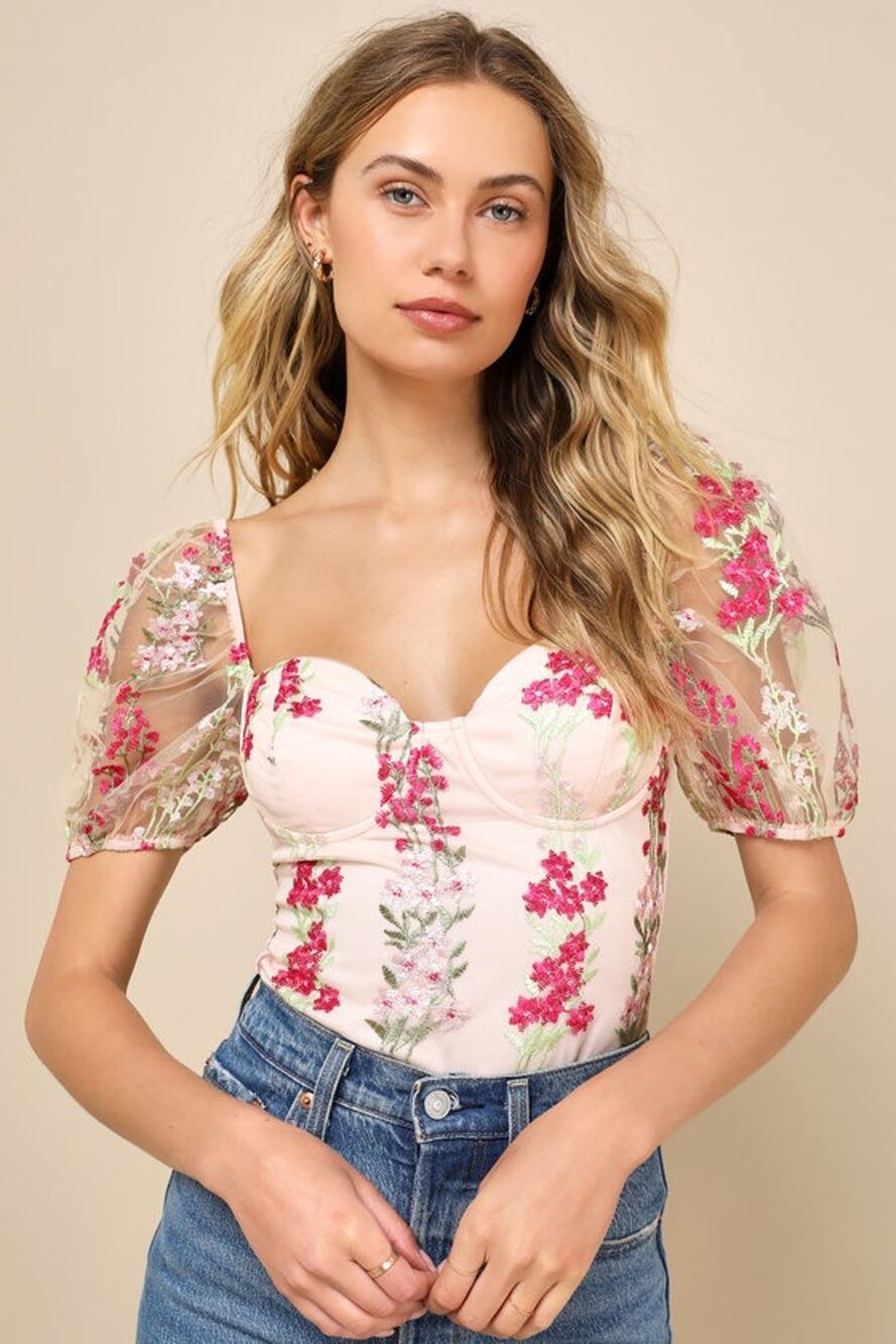 NWT Lulus Essence of Elegance Pink Embroidered Floral Bustier Bodysuit XS